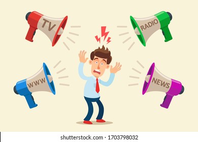 Frightened person from information and propaganda from television, internet, radio and press. Mass media scare, shock and mislead people. Hysteria and disinformation. Vector illustration flat cartoon.