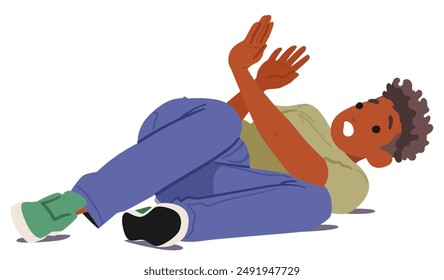 Frightened Person Lying On The Ground With An Expression Of Fear. Individual Is Shown In A Defensive Posture, Indicating Fear Or Apprehension. Conveying Emotions Like Fear, Vulnerability, And Anxiety