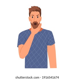 Frightened person with wide open mouth isolated flat cartoon character. Vector shocked man in panic, terrified businessman astonished or frightened. Beard guy expresses emotion of surprise