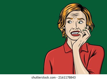 frightened pop art girl biting her fingers. Shocked woman watching left on the green background