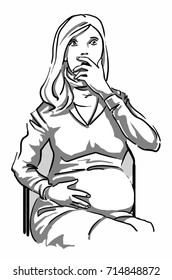 A frightened pregnant woman is sitting and holding one's hand to the stomach and the other closing her mouth. Black and white vector sketch, simple drawing isolated at white background