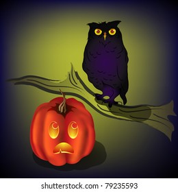 Frightened pumpkin looking up at owl on branch EPS10
