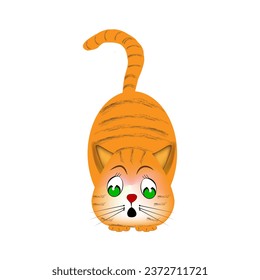Frightened red-haired kitten with green eyes. Fashion graphic design flat element. Colorful template for prints, card, poster, t shirt. Vector illustration.