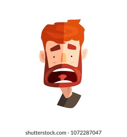 Frightened redhead bearded man, male emotional face, avatar with facial expression vector Illustration on a white background