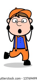 Frightened - Retro Cartoon Carpenter Worker Vector Illustration﻿
