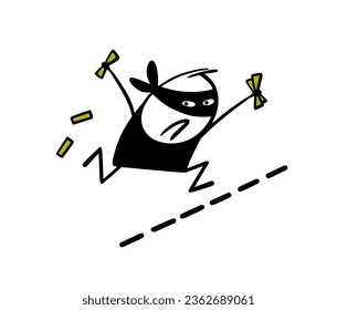 Frightened robber in a black mask runs clutching money in his hands and loses banknotes. Vector illustration of a criminal crossing the border. Funny cartoon character isolated on white background.