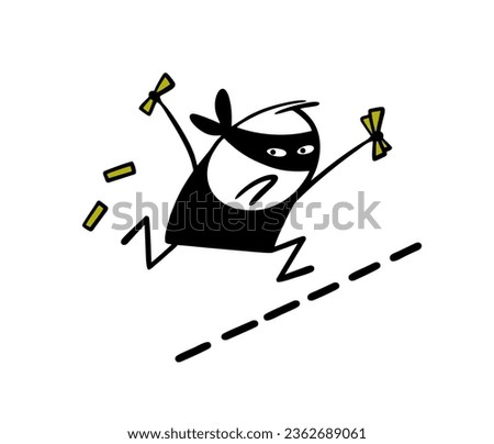 Frightened robber in a black mask runs clutching money in his hands and loses banknotes. Vector illustration of a criminal crossing the border. Funny cartoon character isolated on white background.