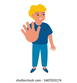 Frightened sad boy holds hand, restricting gesture, stop symbol. Violence, abuse against children. Vector illustration