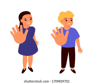 Frightened sad girl and boy holds hands, restricting gesture, stop symbol. Violence, abuse against children. Vector illustration