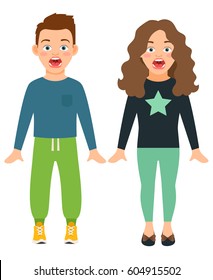 Frightened or scared boy and girl children isolated on white background. Fear and kids vector illustration