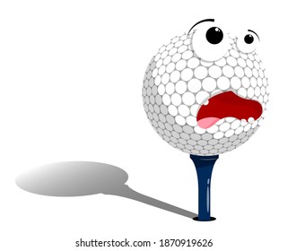 frightened, scared golf ball stands on tee, stand, waiting to be hit. Sport equipment. Funny cartoon vector