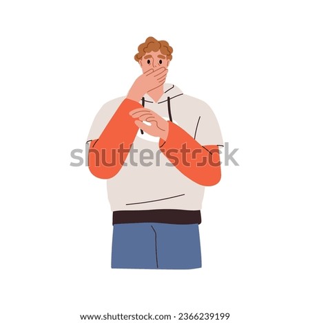 Frightened scared man, shocked face expression. Terrified person, covering mouth from fear, fright emotion, looking at something awful. Flat graphic vector illustration isolated on white background