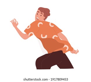 Frightened and scared person escaping from danger or running away in panic. Terrified man with expression of fear on his face. Flat vector illustration of scared character isolated on white background