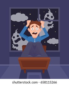 Frightened scary screaming man character can not sleep. Bad nightmare. Vector flat cartoon illustration