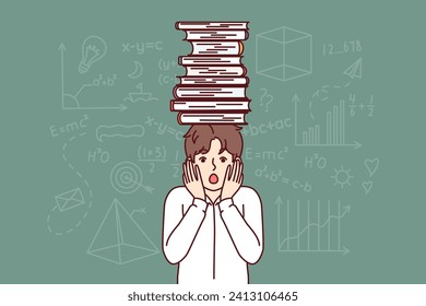 Frightened schoolboy with books on head feels fear of exam, stands near blackboard with formulas. Schoolboy experiences stress due to complex educational program for primary school students.