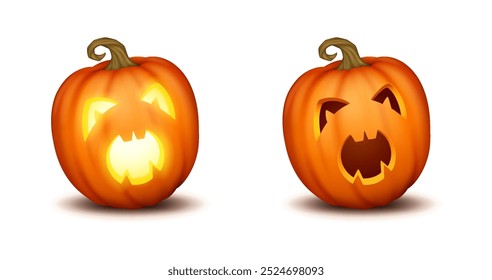 Frightened screaming jack-o-lantern realistic color icons set. Spooky essence of Halloween performing 3d characters on white background