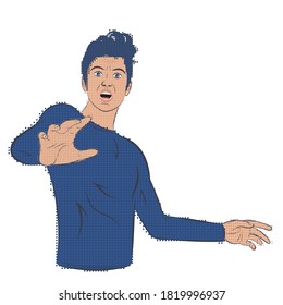 Frightened, shocked man in retro pop art style with halftone.