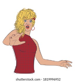 Frightened, shocked woman in retro pop art style with halftone.