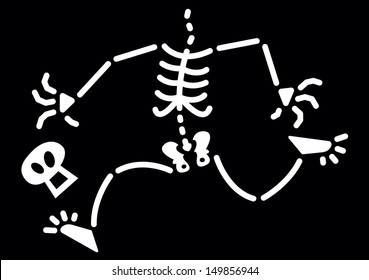 Frightened skeleton running after its own head which has just fallen down and escapes bouncing on the floor