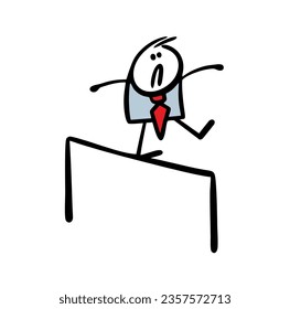 Frightened stickman awkwardly walks thin rope to the cspechts and financial well-being. Business concept vector illustration of acrobat in an office suit. Cute person isolated on white background.
