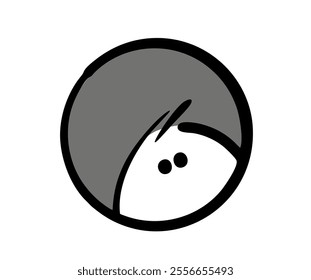 The frightened stickman carefully looks out of the shelter. Vector illustration of a round hole, a child sitting in a hole. Children are playing hide-and-seek. Isolated character on white background.