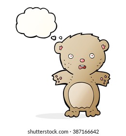 caricatura de oso de peluche asustado con burbuja de pensamiento