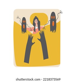  Frightened Woman Character Has A Bad Dream, Is Scared Of Monster. Sleeping Disorder, Bad Dream, Adult Nightmares For Web Site Design. Flat Vector Illustration