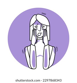 Mujer asustada, emoción de miedo, expresión facial con gestos. Miedo a la mujer de cabello blanco, expresando sus sentimientos de pánico. Icono de círculo de vector púrpura.