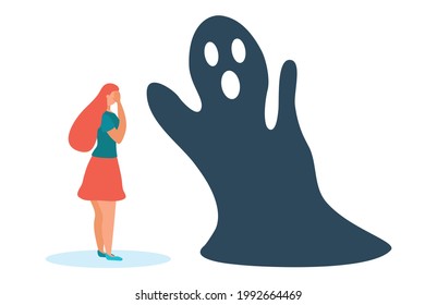 Frightened woman in the face of fears. Fear prevents you from moving forward. Fears and limitations in the head, in thoughts, in the brain. Concept of psychology and complexes. Flat