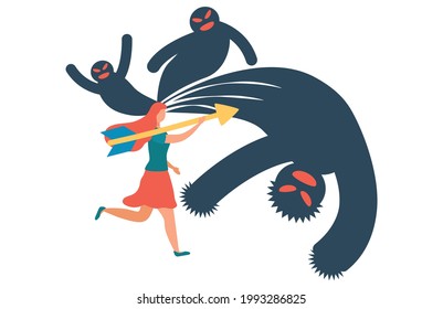 Frightened woman in the face of fears. Fear prevents you from moving forward. Fears and limitations in the head, in thoughts, in the brain. Concept of psychology and complexes. Flat