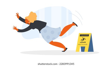 Frightened woman falling down in front of wet floor caution sign, flat vector illustration isolated on white background. Dangerous injury risk. Person falling down on slippery floor.