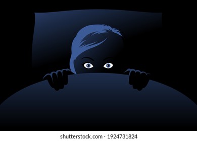 Frightened woman is hiding behind blanket in bed at deep night, panicking, looking fearful and anxious, feeling horror. Concept of nightmares, sleeping problem, insomnia caused by phobias