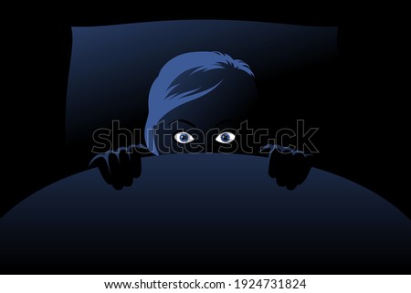 Frightened woman is hiding behind blanket in bed at deep night, panicking, looking fearful and anxious, feeling horror. Concept of nightmares, sleeping problem, insomnia caused by phobias