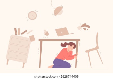 Frightened woman hiding under table for safety during earthquake and surroundings collapse. Emergency disaster awareness. Stay in the building during dangerous vibration. Flat vector illustration.