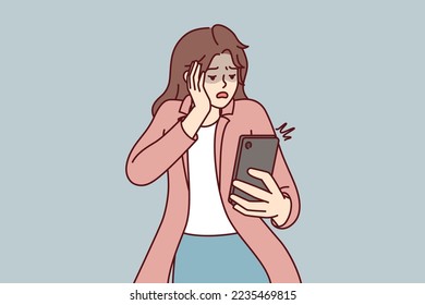 Frightened woman looks into mobile phone after seeing unpleasant SMS message. Girl selling from bullying in social networks reading unpleasant comments through smartphone. Flat vector illustration