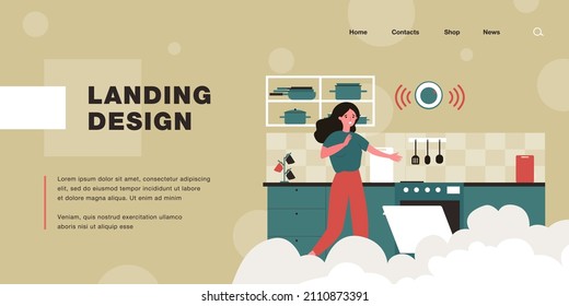 Frightened Woman Opening Oven In Smoky Kitchen. Flat Vector Illustration. Girl Spoiling Dinner, Forgetting To Turn Off Oven In Time. Cooking, Food, Fire, Safety Concept For Design Or Landing Page