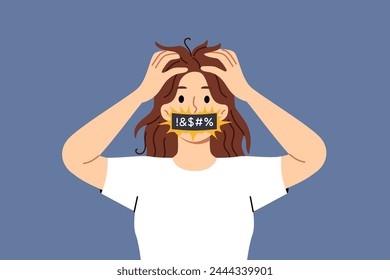 Frightened woman panic and clutches head, uttering obscene words, after receiving bad news. Panic and stress in girl needs help from psychologist to avoid onset of chronic depression