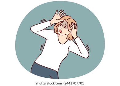 Frightened woman panicking and trying to dodge covering head with hands feeling danger and threat. Frightened girl screaming in fear suffering from phobia or panic attacks due to psychological problem