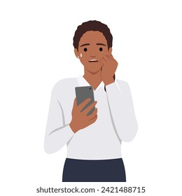 Frightened woman with phone biting nails in fear after reading bad news about approaching financial crisis. Flat vector illustration isolated on white background