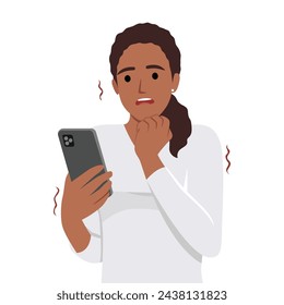 Frightened woman with phone biting nails in fear after reading bad news. Flat vector illustration isolated on white background