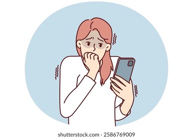 Frightened woman with phone biting nails in fear after reading bad news about approaching financial crisis. Girl with phone is afraid of threatening messages or will be on social networks