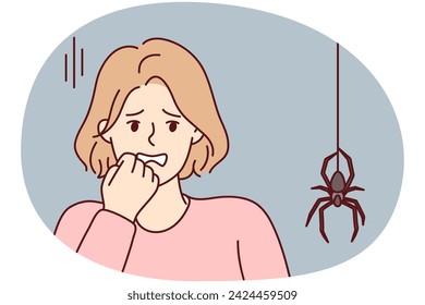 La mujer asustada se pone de la mano a la cara cuando ve una araña grande descendiendo del techo a lo largo de la tela. La niña experimenta aracnofobia después de ver insectos y tiene miedo de ser mordida. Imagen vectorial plana