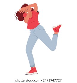 Frightened Woman With Red Hair, Running Away, Looking Scared. Female Character Covers Her Face With Her Hands, Depicting An Expression Of Fear And Panic. Cartoon People Vector Illustration