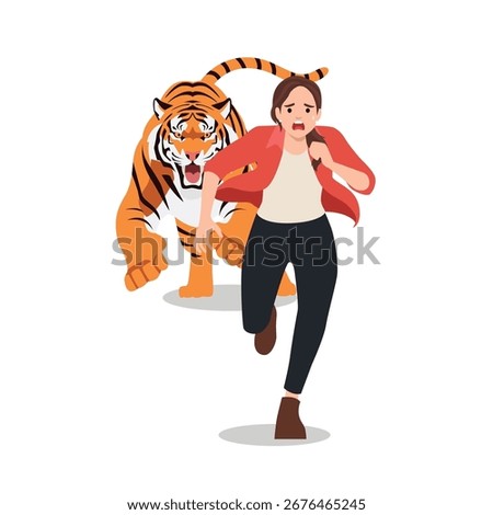 Frightened woman running away while being chased by an angry tiger. Flat vector illustration isolated on white background