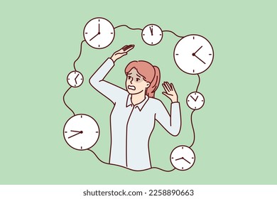 Frightened woman screaming and raising hands standing among clocks symbolizing tough deadlines. Girl panics because of inability to have time to complete work on time