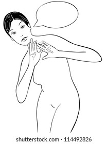 Frightened woman, Speech bubble at the top for text. Outline w&b illustration.