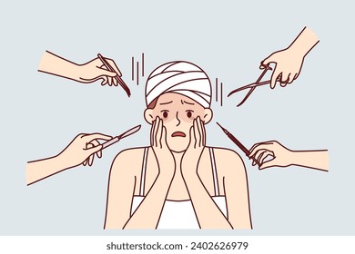 Frightened woman touching face after plastic surgery operation near doctors hands with scalpel and scissors. Girl with bandages on head suffered due to poor-quality cosmetic plastic surgery services