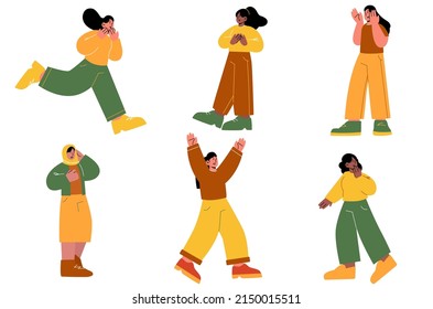 Frightened women, startled female characters scream, yell, escape danger. Diverse scared girls afraid phobia, panic attack, amazement and shock emotions, Linear cartoon flat vector illustration, set