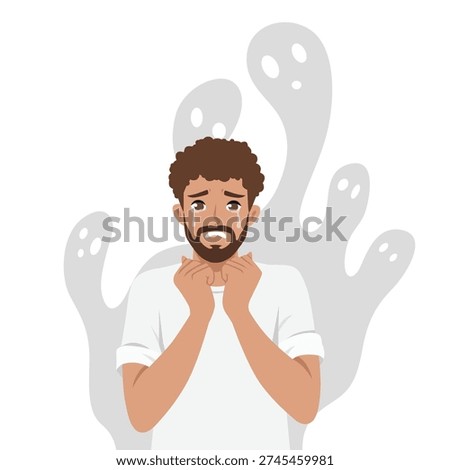 Frightened young bearded man crying in fear with ghostly shadows behind him, symbolizing anxiety. Flat Vector character illustration