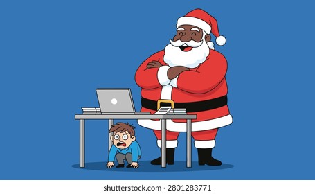 Frightened young boy hiding under a wooden desk from a cheerful black Santa Claus who stands behind a laptop computer.